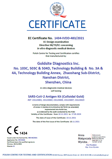 Certificado EC para autopruebas COVID-19 Prueba de antígeno